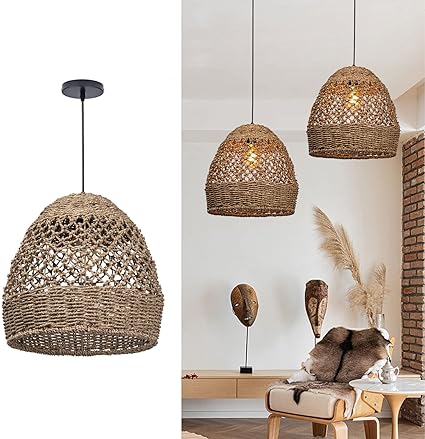 Photo 1 of Arturesthome Woven Pendant Lights, Modern Boho Hanging Lamp with Handwoven Woven Rattan Shade, Farmhouse Coastal Pendant Light Fixtures for Kitchen Island, Dining Room, Bar, Foyer Hallway