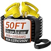 Photo 1 of 50 FT 50 Amp RV/EV Extension Cord Outdoor with Grip Handle, 4 Prong Flexible Heavy Duty 6/3+8/1 Gauge STW RV Power Cord Waterproof, NEMA 14-50P to 14-50R, Black-Yellow, ETL Listed
