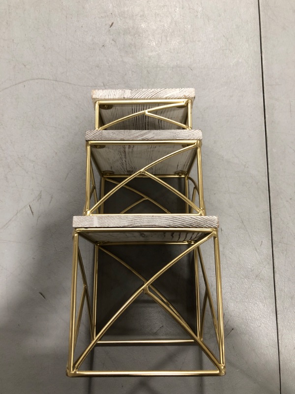 Photo 1 of MyGift Modern Dessert Display Risers, Rustic Whitewashed Wood Top and Geometric Brass Metal Wire Base Cupcake Desserts Pedestal Stand Shelves, Set of 3