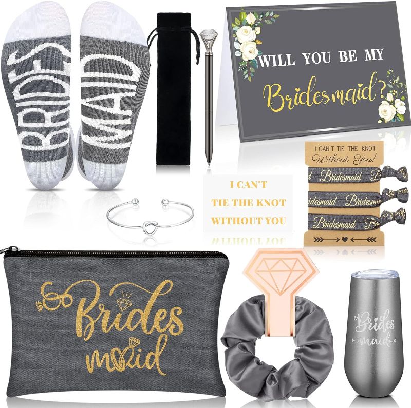 Photo 1 of 13Pcs Bridesmaid Proposal Gifts Maid of Honor Gifts Matron of Honor Gift Will You Be My Bridesmaid Gift Box Set Wine Tumblers Socks Scrunchie Pen for Wedding Bachelorette Party Supply (Vintage)
