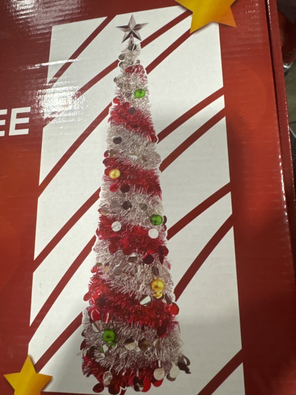 Photo 1 of [ Dual Color Switch & Timer ] 5 Ft Pencil Valentines Tree with Lights 50 Warm White & Multi Color Change Lights 10 Balls Ornaments 3D Star Sequins Tinsel Full Valentines Decorations Home(Silver Red)