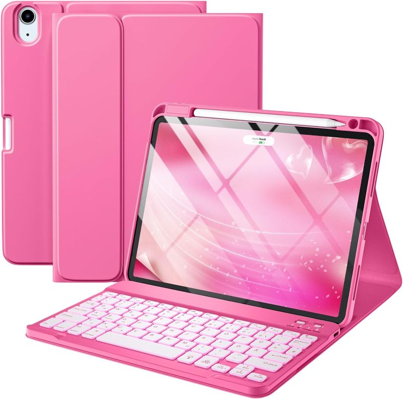 Photo 1 of Harvopu iPad Air 5th 4th Generation Case with Keyboard 10.9 inch, Slim Folio Keyboard Cover with Pencil Holder for iPad Air 5/4 Gen 2022/2020,.Detachable Backlit Keyboard (Rose Red) 