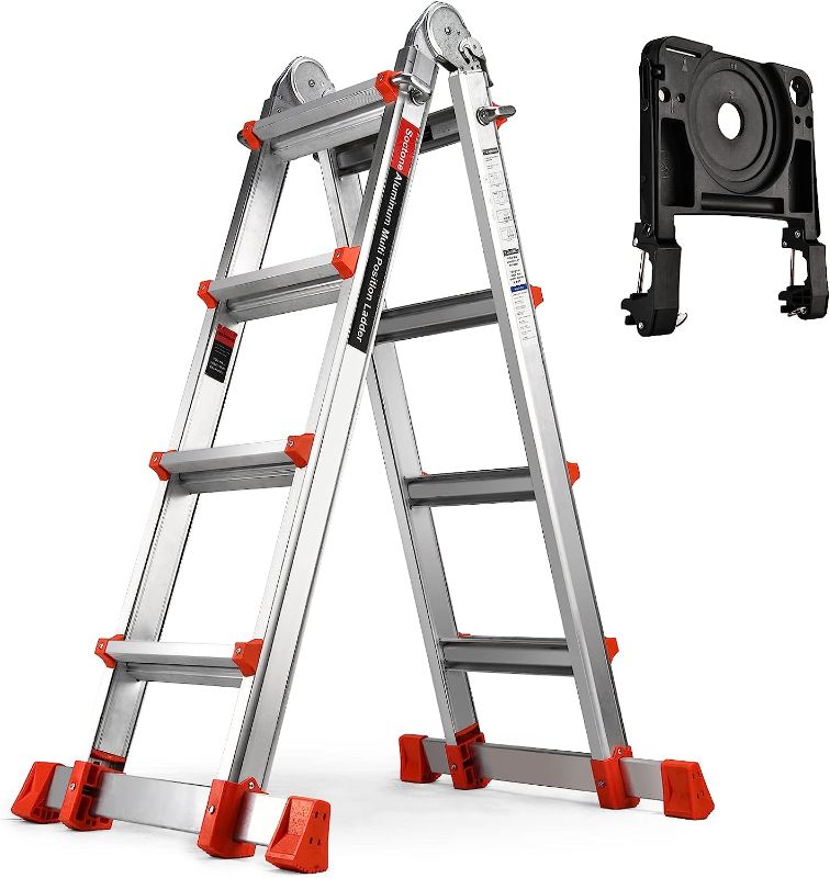 Photo 1 of Soctone Ladder, A Frame 4 Step Extension Ladder, 17 Ft With Multi Position & Removable Tool Tray with Stabilizer Bar, 330 lbs Weight Rating Telescoping Ladder for Household or Outdoor Work

