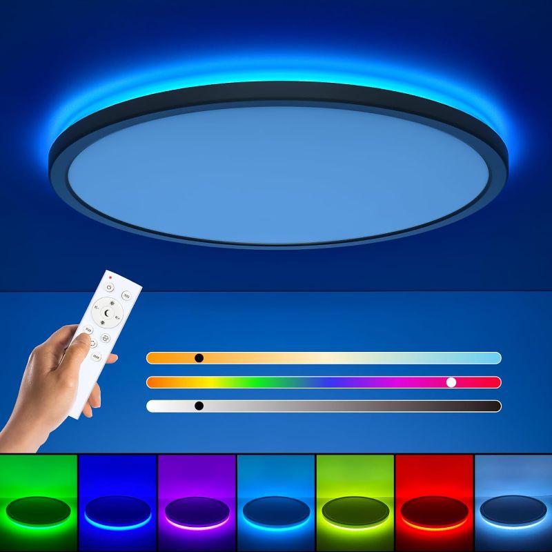 Photo 1 of RGB Flush Mount LED Ceiling Light with Remote, 12 Inch Ceiling Light Fixture with Color Changing Backlight, 3000K-6500K Dimmable, 24W Slim Round Ceiling Light for Bedroom Kids Room Black
