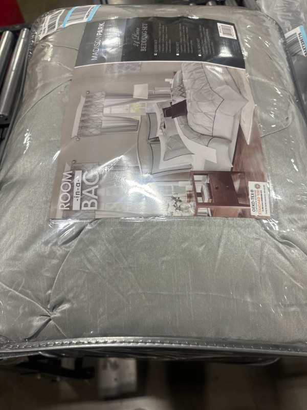 Photo 2 of Madison Park Essentials Room in a Bag Faux Silk Comforter Set - Luxe Diamond Tufting All Season Bedding, Matching Curtains, Decorative Pillows, Grey Queen(90"x90") 24 Piece Queen (90 in x 90 in) Grey