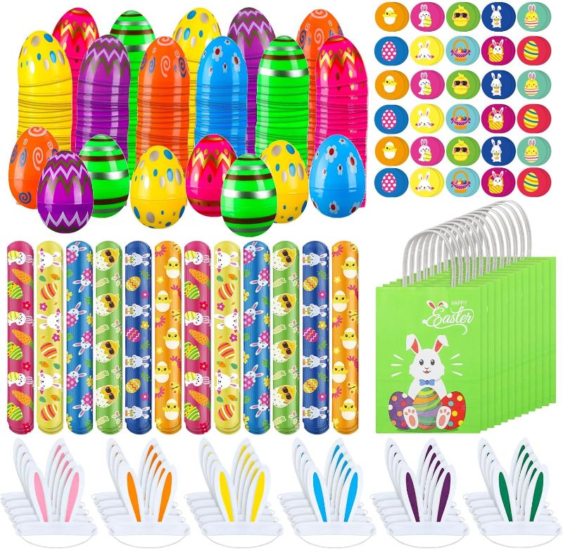 Photo 1 of 490 Pcs Easter Party Favor for Kids, Easter Toys Set Includes Easter Eggs Goody Bags Sticker Slap Bracelet Bunny Ears Headbands for Easter Party Supplies Craft School Classroom Gifts
