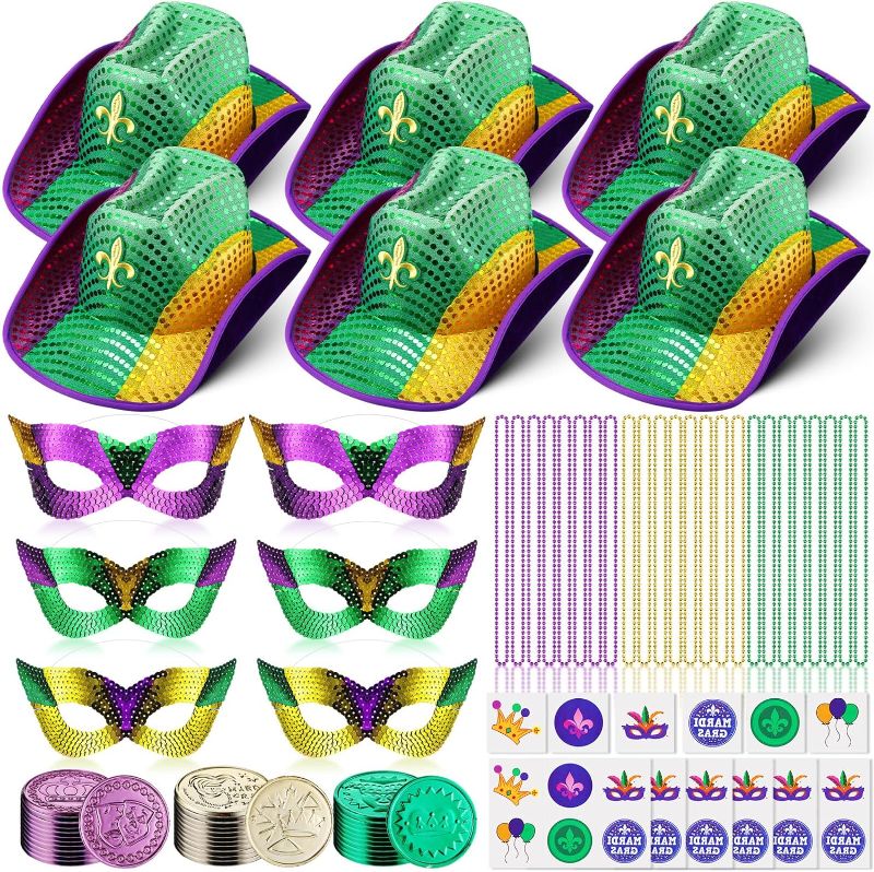 Photo 1 of 138Pcs Mardi Gras Party Supplies Set with 6 Mardi Gras Sequin Cowboy Hats, 6 Masks, 18 Bead Necklace, 36 Coins, 72 Tattoo Stickers for Mardi Gras Masquerade Costume Accessories
