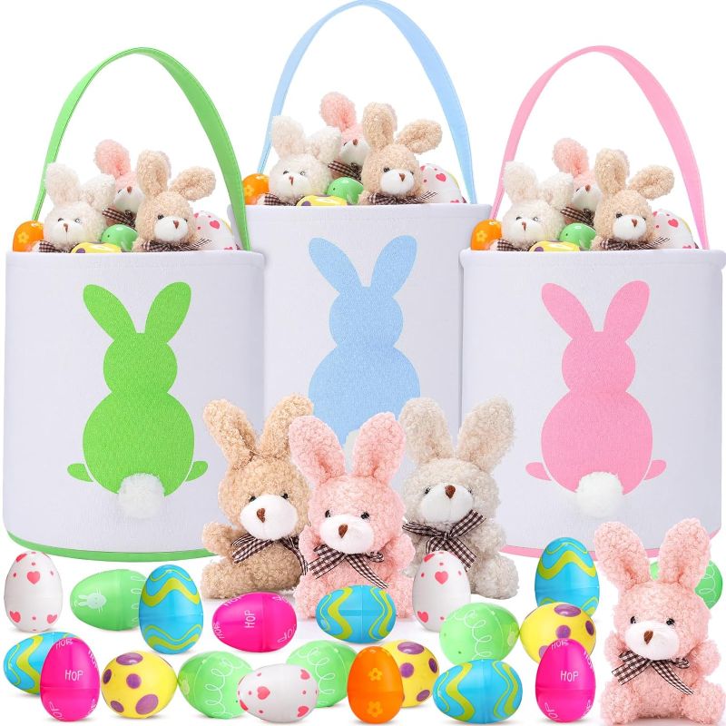 Photo 1 of 3 Pcs Easter Eggs Hunt Basket for Kids with 6 Pcs 4 Inch Mini Plush Stuffed Animal Bunny, 24 Plastic Easter Eggs, 100g Easter Grass Raffia Paper Shreds and 3 Extra Large Gift Bag (Classic)
