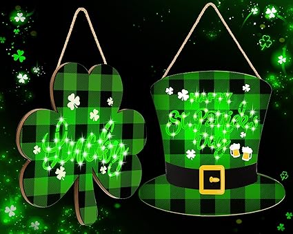 Photo 1 of 2 Pcs 12 Inch Lighted St. Patrick's Day Door Hanging Decorations Wooden Shamrocks Wreath Leprechaun Hat Hanging Sign with LED Light Lucky Clover Decor for Irish Door Home Wall Outdoor Decor
