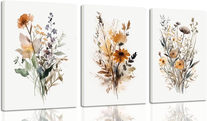 Photo 1 of 3Pcs Framed Floral Plants Wall Art Vintage Minimalist Wildflower Picture Poster Colorful Country Flower Artwork Abstract Watercolor Landscape Canvas Prints For Garden Farmhouse Painting Wall Decor
