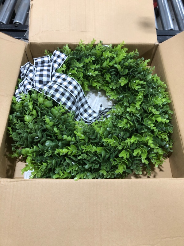 Photo 2 of 23" Faux Round Boxwood Wreath, Vlorart Artificial Wreath Front Door Wreaths Spring Summer Greenery Hanging with A Plaid Bow for Front Door Wall Hanging Window Wedding Party Decor
