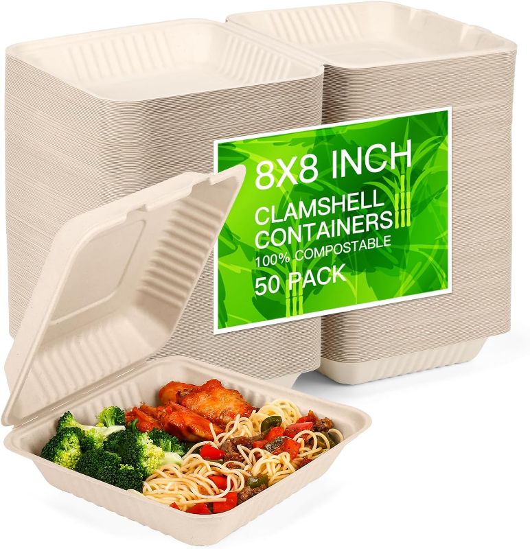 Photo 1 of 100% Home Compostable 50 Pack Disposable Clamshell Take Out Food Containers, 8X8'' 1-Compartment to go Containers, Heavy-Duty to go Boxes, Eco-Friendly Biodegradable, Made of Sugarcane Fibers
