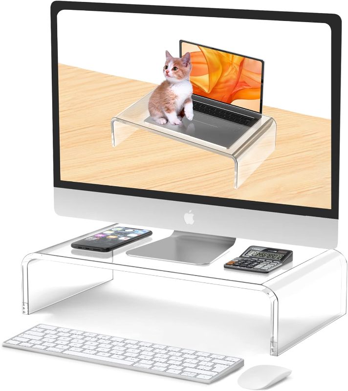 Photo 1 of Acrylic Monitor Stand Riser Acrylic Laptop Stand for Desk Clear Computer Monitor Stand for Desk Accessories White Aesthetic Decorations for Office Home iMac Organizer
