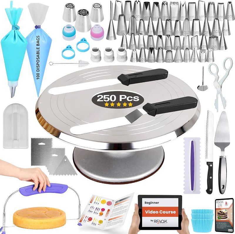 Photo 1 of RFAQK 174 PCs Cake Decorating Supplies Kit for Beginners-1 Turntable stand- Cake server knife set-48 Numbered Easy to use icing