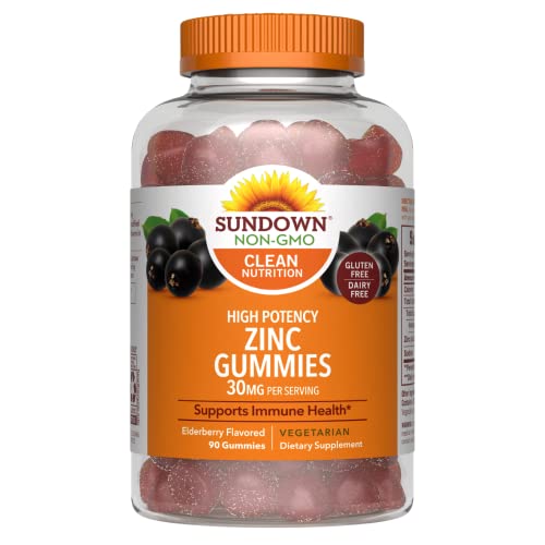 Photo 1 of Sundown High Potency Zinc Gummies, 30mg, Supports Immune System Health, Elderberry Flavor, 90 Gummies