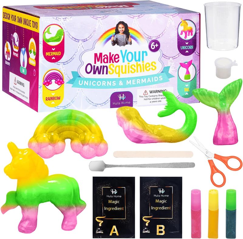 Photo 1 of Hula Home Unicorn & Mermaid Squishy Making Craft Kit for Kids 6+, Makes 4 Glow in The Dark DIY Squishie Toys in 60 Mins, Non-Toxic & Kid Safe Materials