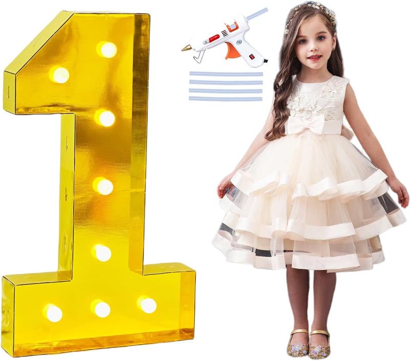 Photo 1 of LANGXUN 40inch Gold Large Led Light Up Number 1 for 1st 21st Birthday Party Decor, with Hot Glue Gun, Number 1 Balloon Marquee Numbers for Graduation Baby Shower Photo Background Decoration