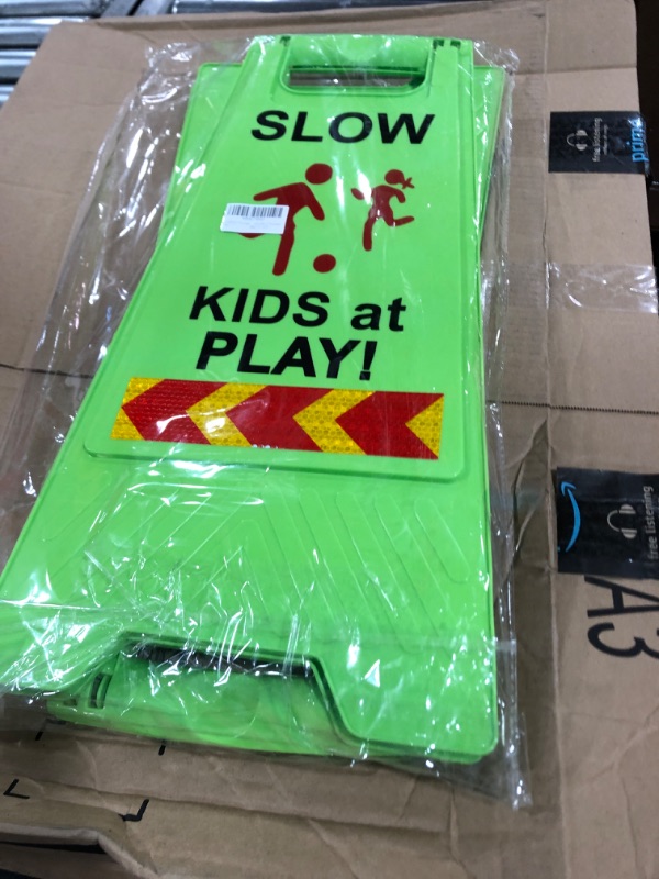 Photo 2 of Slow Kids at Play Signs for Street, Double-Sided Text and Graphics with Reflective Tape, Children at Play Safety Sign for Neighborhoods Schools Park Sidewalk Driveway (3-Pack Green) Green 3-Pack