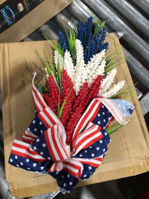 Photo 2 of 15.7 in Patriotic Wreath for Front Door, 4th of July Garland with Red Blue and White Flowers Leaves, Independence Day Wreath Memorial Day Door Decor for Home Wall Porch Summer Holiday Decor (A)