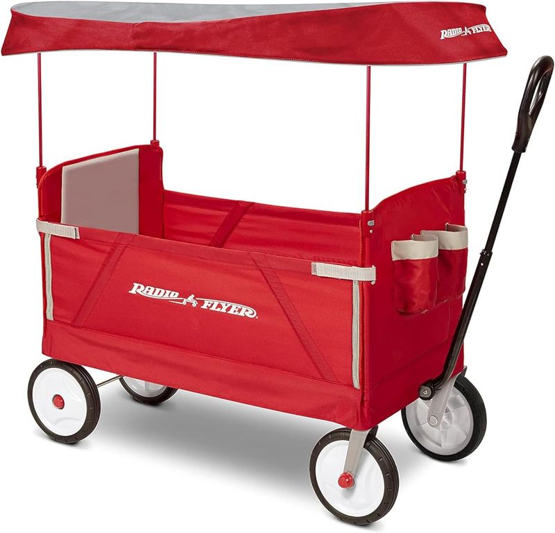 Photo 1 of Radio Flyer 3-in-1 EZ Fold Wagon; Red Folding Wagon with Canopy; Collapsible Wagon for Kids, Cargo, & Garden

