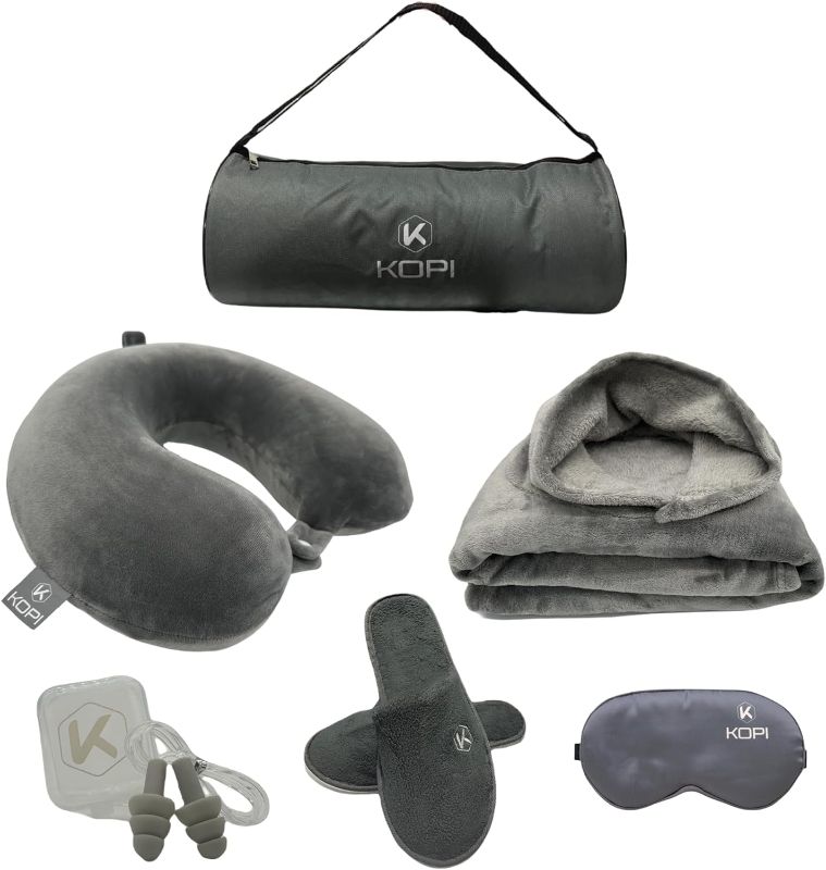 Photo 1 of KOPI - Premium Travel Blanket Airplane Compact with Hoodie - 6in1 Kit Airplane. Foam Pillow, Sleep mask and Compact Bag. Travel Essential.
