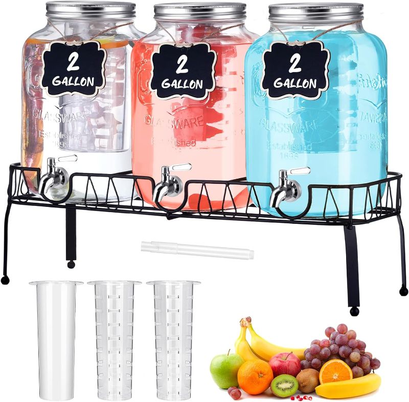 Photo 1 of 3 Pcs 2 Gallon Glass Drink Dispenser with Stand and Lid Mason Jar Beverage Dispenser with Stainless Steel Spigot, Hanging Chalkboard Signs, Fruit Infuse, Ice Cylinder, Liquid Pen