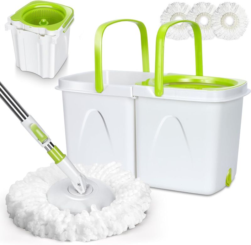 Photo 1 of Spin Mop and Bucket with Wringer Set for Home, Separate Clean and Dirty Water, Spin Mop Bukcet System with 3 Reusable Microfiber Mop Pads, Wet Dust Mop for Floor Cleaning
