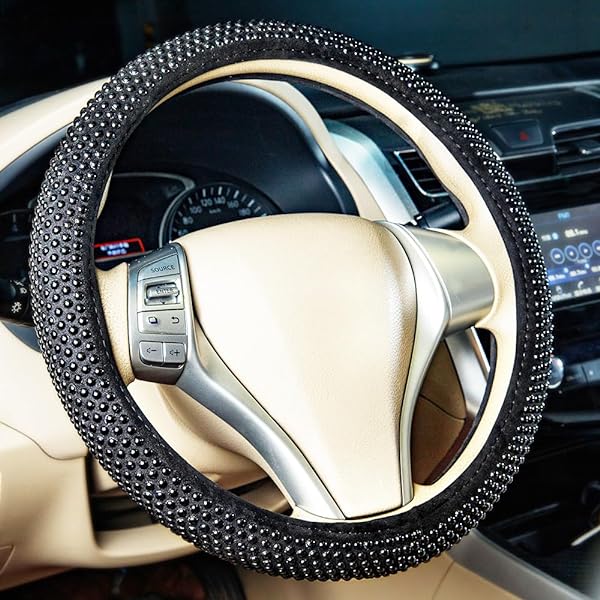 Photo 1 of 2023 New Car Black Steering Wheel Cover Women,Cute Stylish Elegant Pearl Bling Accessories Interior Anti slip for Sedan SUV Pickup Truck 14.5-15 inch