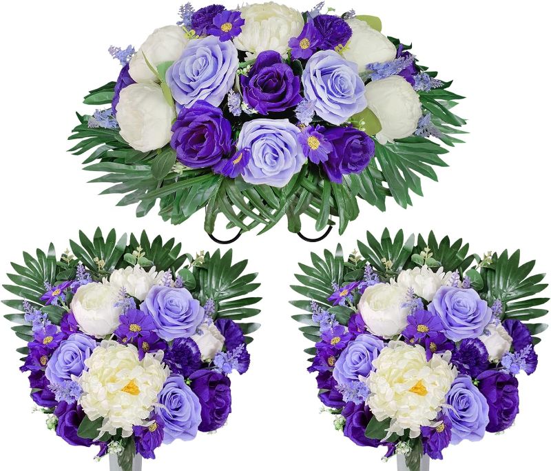 Photo 1 of HENOMO Artificial Cemetery Flowers for Grave Decor - Realistic Vibrant Purple Rose and White Peony Mix Arrangement, Headstone Flower Saddle for Memorial Day,Colors Non-Bleed
