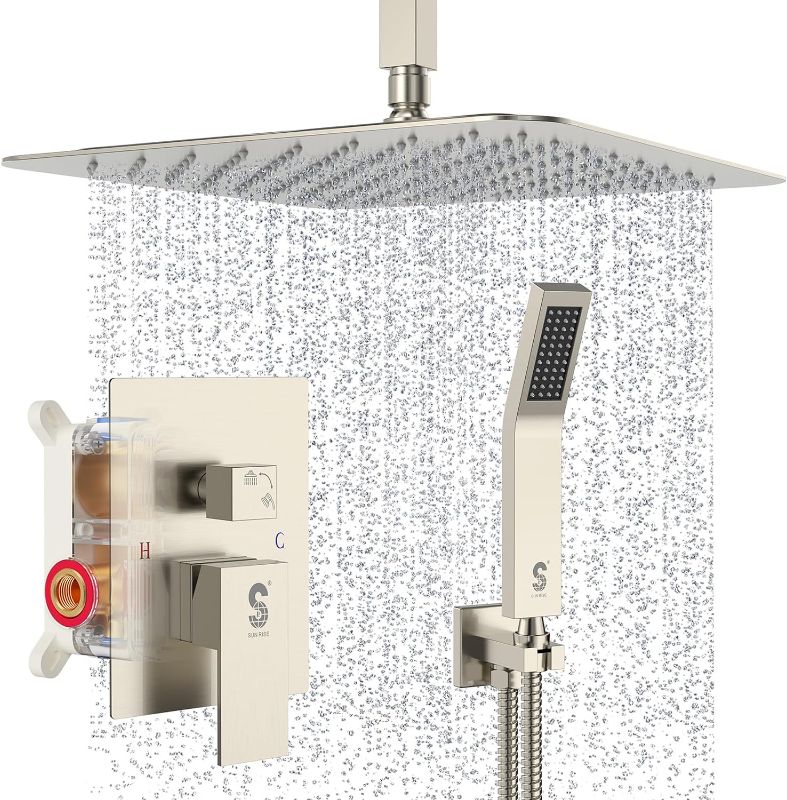 Photo 1 of SR SUN RISE 16 Inches Brushed Nickel Shower System Bathroom Luxury Rain Mixer Shower Combo Set Ceiling Mounted Rainfall Shower Head Faucet (Contain Shower Faucet Rough-In Valve Body and Trim) 16"- Ceiling Brushed Nickel