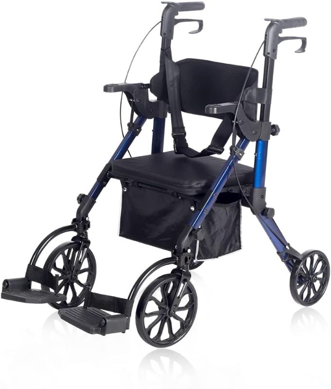Photo 1 of Elenker 2 in 1 Rollator Walker & Transport Chair, Folding Wheelchair Rolling Mobility Walking Aid with Seat Belt, Padded Seat and Detachable Footrests for Adult, Seniors (Blue)
