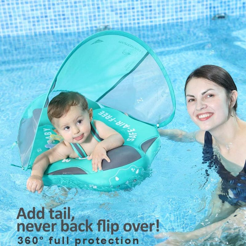 Photo 1 of Mambobaby Newest Non Inflatable Baby Float Size Improved Add Tail Avoid Flip Over Swim Trainer Solid Infant Pool Float with Canopy UPF 50+ Swim Ring
