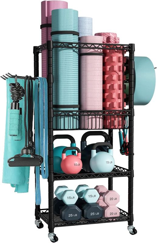 Photo 1 of Home Gym Storage, 3 Tiers Workout Equipment Organizer with Wheels for Yoga Mats, Foam Roller, Dumbbells, Kettlebells, and Resistance Bands
