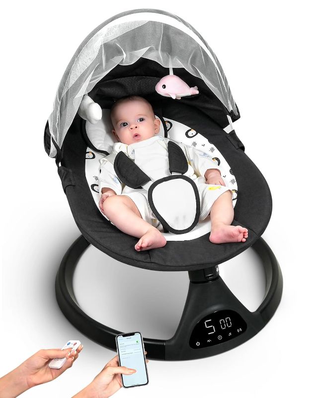 Photo 1 of Baby Swing for Infants to Toddler Portable Babies Swing Timing Function 5 Swing Speeds Bluetooth Touch Screen Music Speaker with 10 Preset Lullabies 5-Point Carabiner
