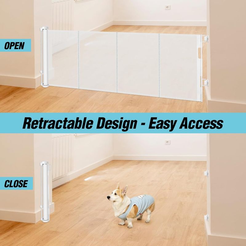 Photo 1 of 24 Inches Tall Retractable Dog Gate for The House, Short Baby Gates to Step Over, Extends up to 55" Wide, Reinforced Mesh Puppy Gate for Doorways, Step Over Pet Gate for Stairs, Indoor/Outdoor (White)
