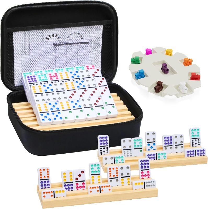 Photo 1 of Mexican Train Dominoes Set with 4 Wooden Trays/Racks, Double 12 Dominos Travel Set with 4 Domino Tiles Holders, 91 Tiles Double 12 Colored Dominoes Game Set with Portable Case for Families Kids
