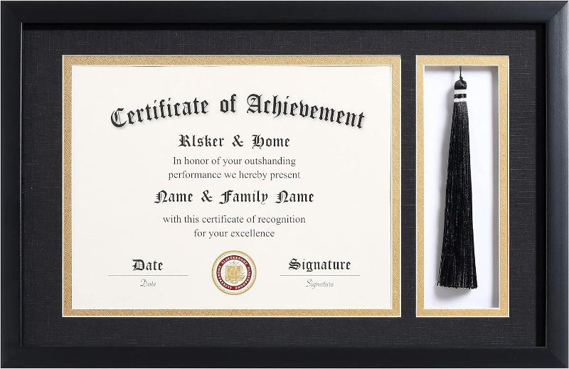 Photo 1 of ELSKER&HOME 11x17 Diploma Frames with Tassel Holder for 8.5x11 Certificate Document Shadow Box, Matte Black Frame, Degree Double Mat, Black with Gold Rim
