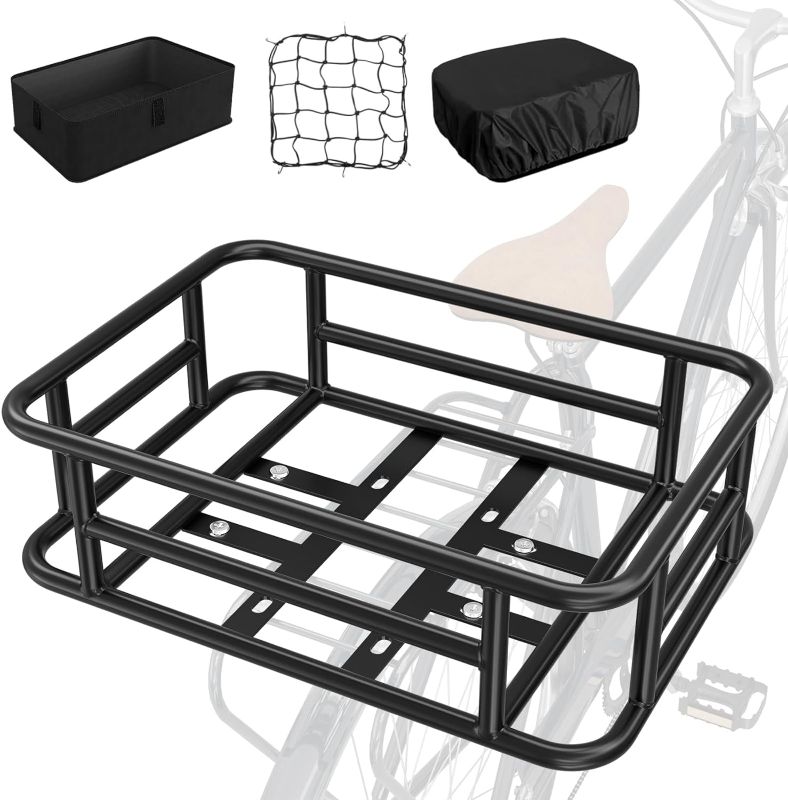 Photo 1 of DECARE Rear Bike Basket with Liner & Elastic net & Rain Cover, Large Rear Bike Rack Basket for Bike, Bicycle Ebike and Cargo Bike Basket Rear, Heavy Duty Metal Rear Basket for Electric Bike