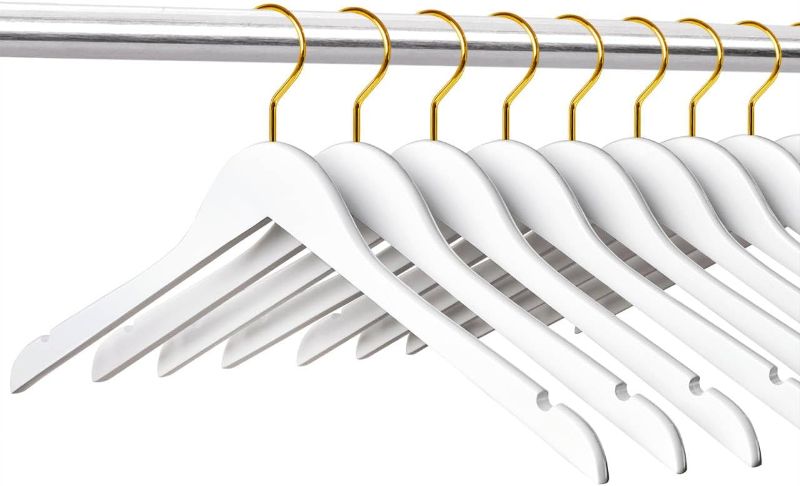 Photo 1 of Amber Home White Wooden Hangers with Gold Hook 24 Pack, White Wood Shirt Hangers with Notches for Dress, Clothes Hangers for Jacket, Coat, Bridal (White+Gold, 24)

