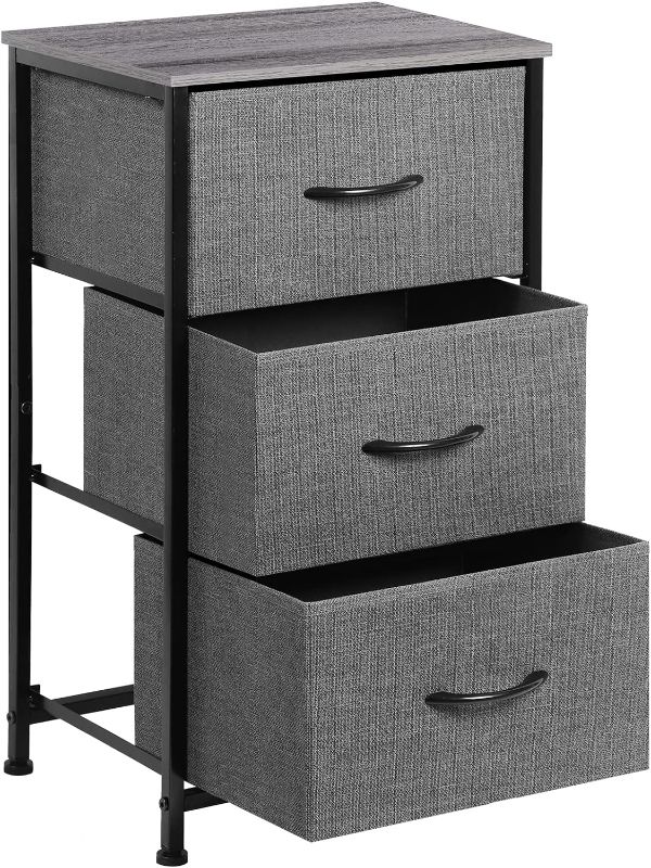 Photo 1 of NANANARDOSO Nightstand Fabric Storage Chest, 3 Drawers Storage Dresser Organizer Unit Tower with Removable Fabric Bins for Closet Bedside, Nursery, Living Room, Bedroom, College Dorm, Grey.