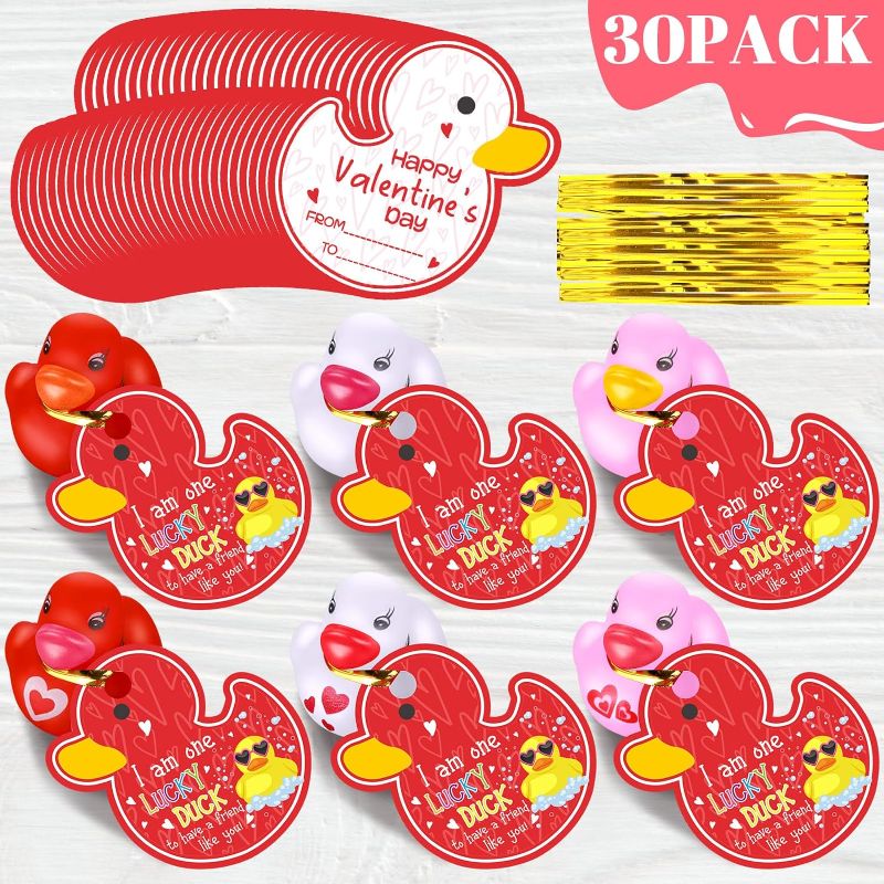 Photo 1 of 30 Sets Valentine's Day Cards for Kids, Valentine Card with Rubber Duck and Gold Foil String for Classroom Valentine's Gifts Exchange Valentines School Class Party Favors(Cute Style)
