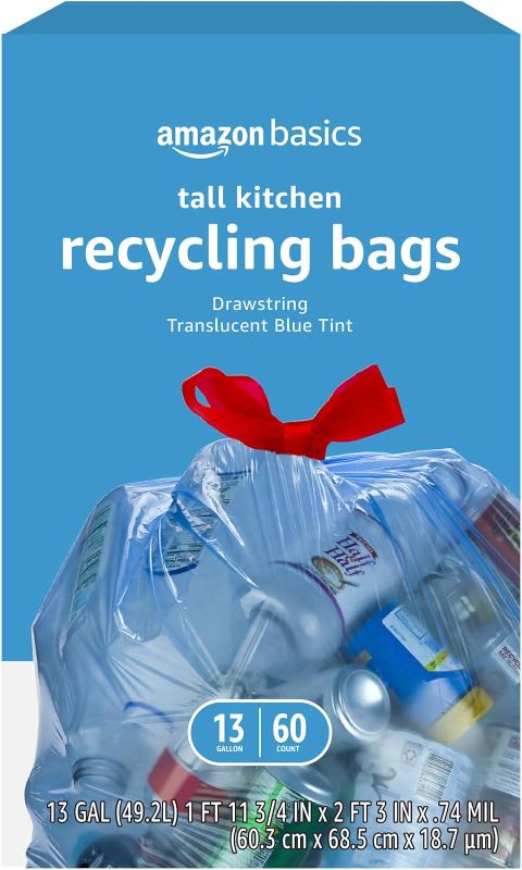 Photo 1 of Amazon Basics Blue Recycling Trash Bags, Unscented, 13 Gallon, 60 count
