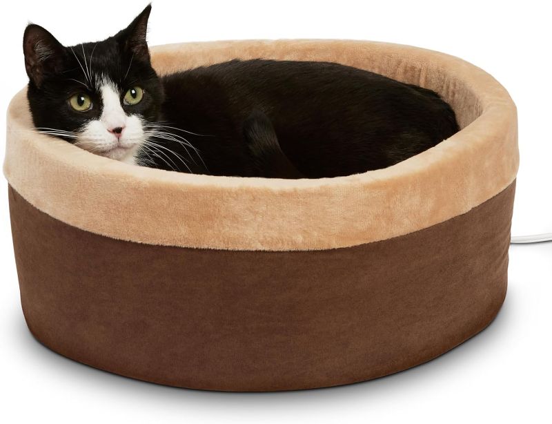 Photo 1 of K&H Pet Products Thermo-Kitty Bed Heated Cat Bed for Indoor Cats , Electric Warming Bed for Cats and Small Dogs, Washable Thermal Plush Calming Round Pet Bed - Small 16" Mocha/Tan
