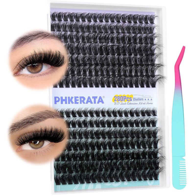 Photo 1 of PHKERATA Lash Clusters Fluffy Eyelash Extension Clusters 80P+100P D Curl Individual Lashes with Lash Tweezers Volume Cluster Eyelash Extensions Thick Eyelashes Clusters(280Pcs,10-18MM), Black