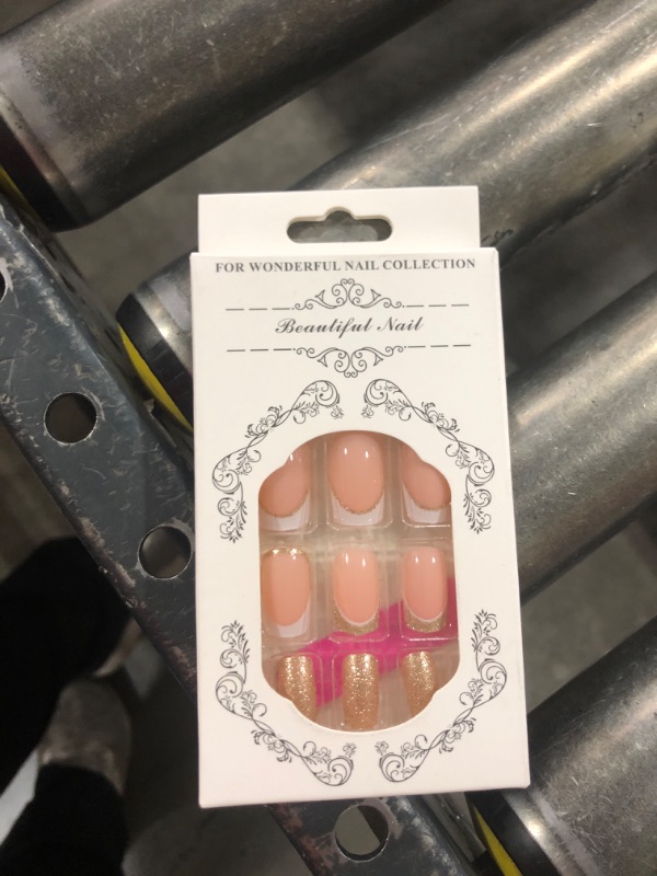 Photo 1 of Nude French Tip Press on Nails Short Square Fake Nails with Sequins Designs Glossy Full Cover Glue on Nails Glittering Artificial Acrylic False Nails Stick on Nails for Women