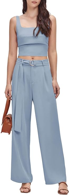 Photo 1 of Women's Summer 2 Piece Outfits Square Neck Crop Tank Tops Wide Leg Pants Lounge Sets with Belt & Pockets XL