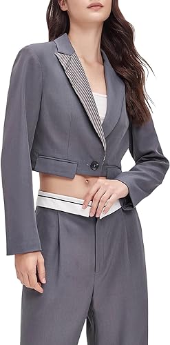 Photo 1 of Womens Cropped Blazer Casual Business Long Sleeve Open Front with Button Striped Lapel Work Jacket M