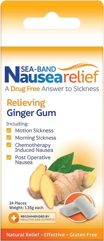 Photo 1 of Sea-Band Anti-Nausea Ginger Gum For Motion & Pregnancy Morning Sickness, 24 Count exp 07/2024
