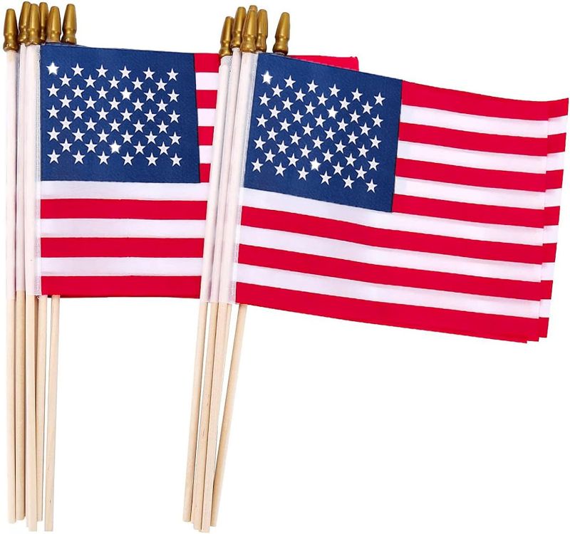 Photo 1 of 12 Pcs Small American Flags on Sticks, 8 x 12 Inches Mini Handheld US Flags Stick, Patriotic Decorations,American Flags for Outside,Veterans Day,Memorial Day Decorations,Independence Day, 4th of July Decorations
