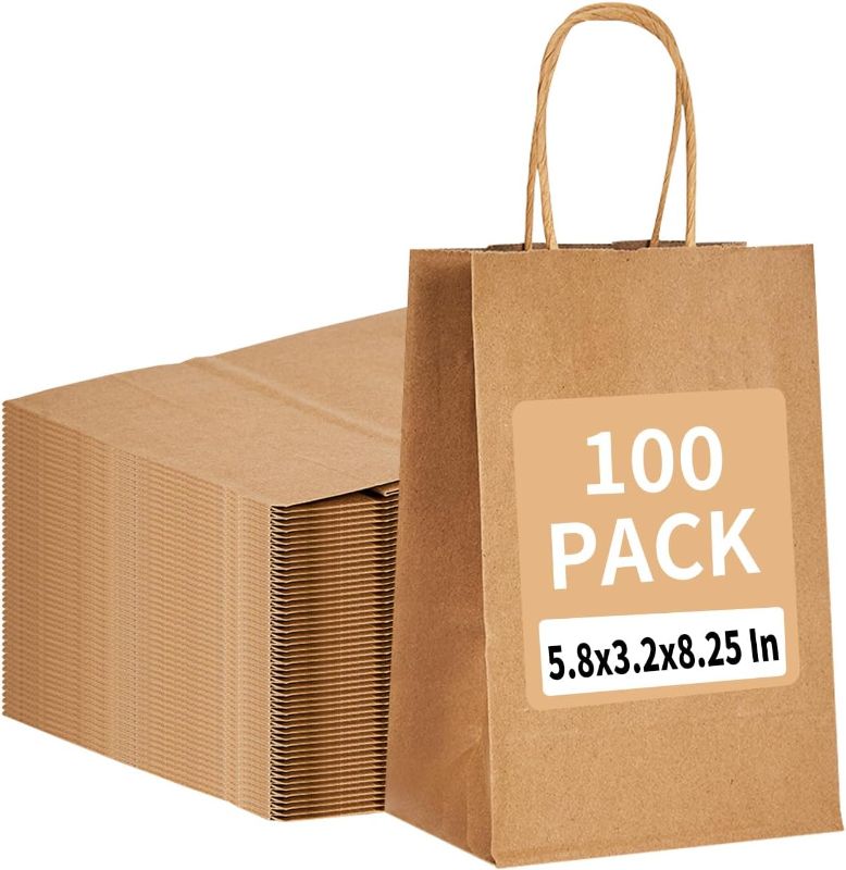 Photo 1 of 100 Pack 5.8x3.2x8.25 Inch Brown Kraft Paper Gift Bags with Handles - Bulk Small Plain Natural Bags for Birthday Party Favors, Grocery, Retail Shopping, Wedding, Craft, Goody, Takeouts, and Business
